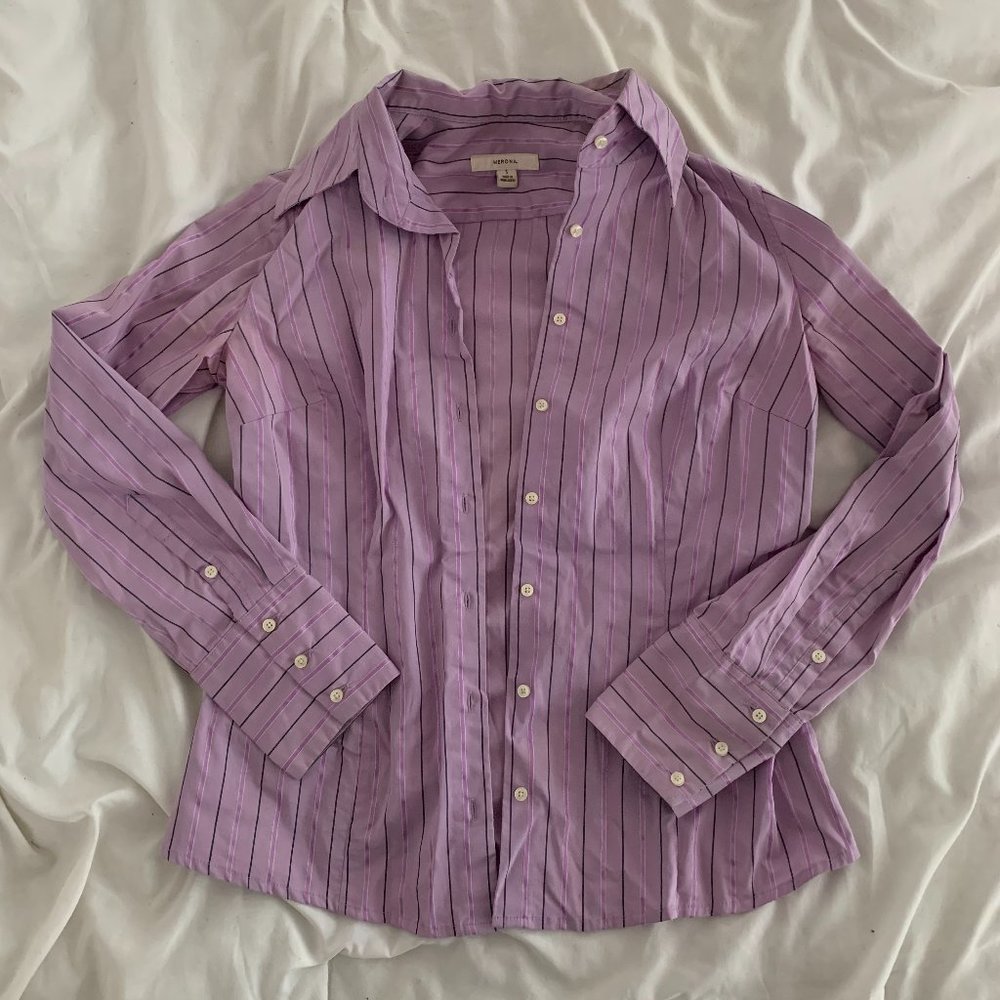 Lavender Striped Button Down Dress Shirt Blouse
